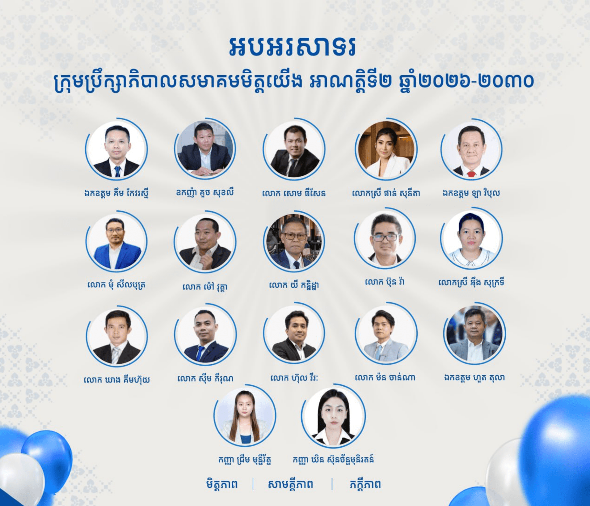 សូមចូលរួមអបអរសាទរជូនចំពោះ ក្រុមប្រឹក្សាភិបាល និងគណៈកម្មការប្រតិបត្តិ សមាគមមិត្តយើង សម្រាប់ អាណត្តិទី២​ ឆ្នាំ២០២៦-២០៣០  សូមគោរពជូនពរថ្នាក់ដឹកនាំគ្រប់រូប នាំមកនូវសេចក្តីសុខ សុភមង្គលសុខភាពមាំមួន កម្លាំងខ្លាំងក្លា ប្រាជ្ញាឈ្លាសវៃជ័យជម្នះគ្រប់ភារកិច្ច និងវឌ្ឍនភាពកុំបីឃ្លៀងឃ្លាតឡើយ។